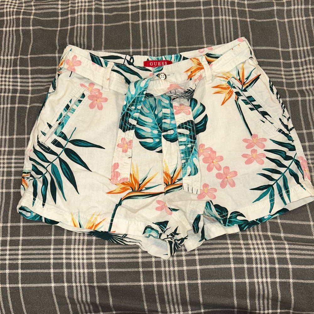 Guess Women's Tropical Floral High Waist Shorts - White, Green, Pink, and Orange